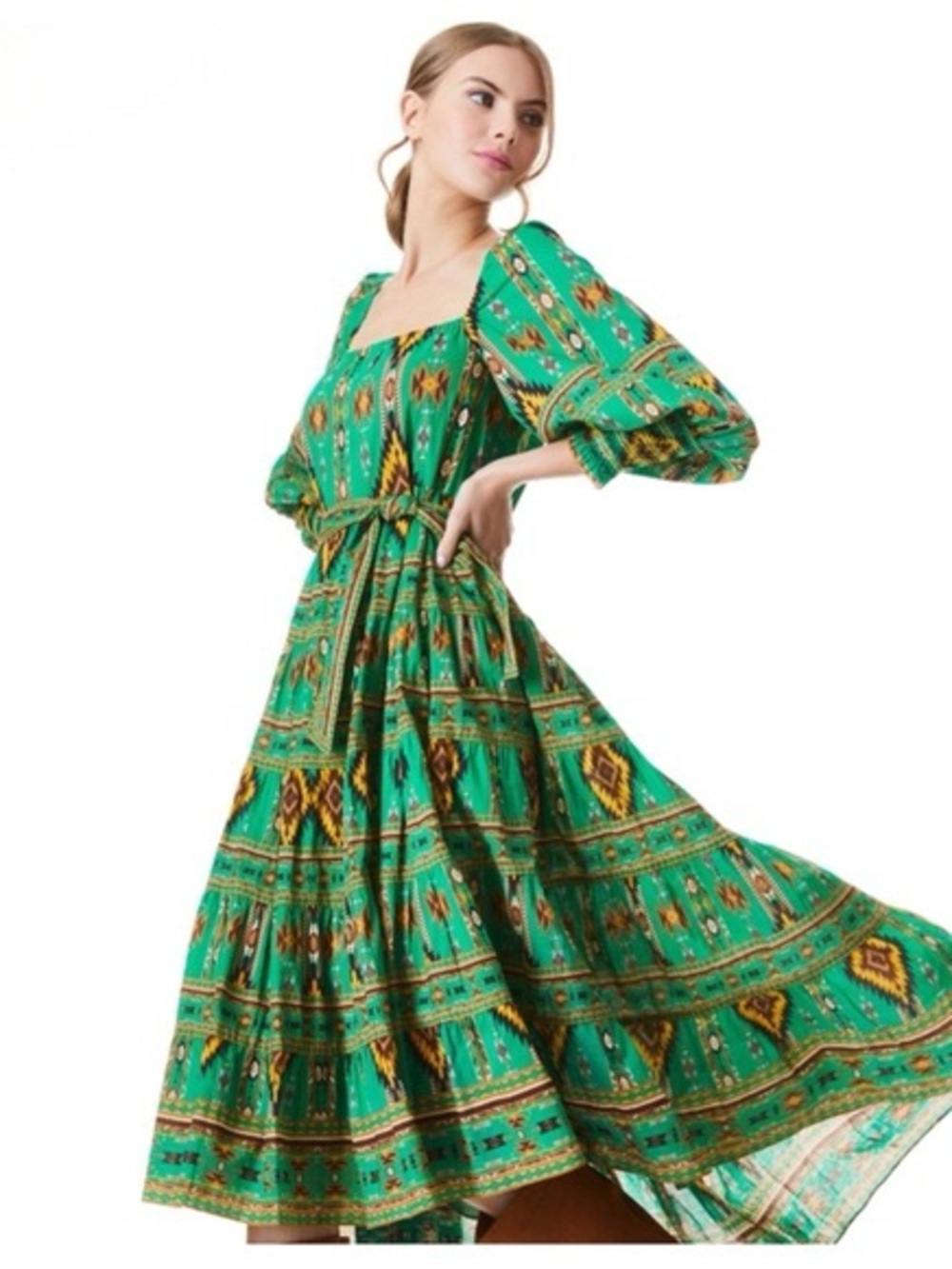 Alice + Olivia  Green Boho Puff Sleeves Cotton Dress - Size XS